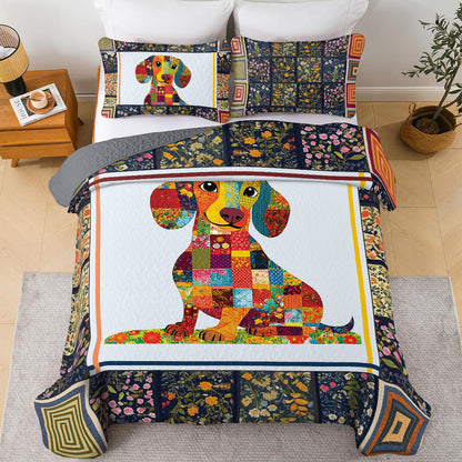 Shineful All Season Quilt 3-Piece Set - Happy Dachshund With Beautiful Flowers