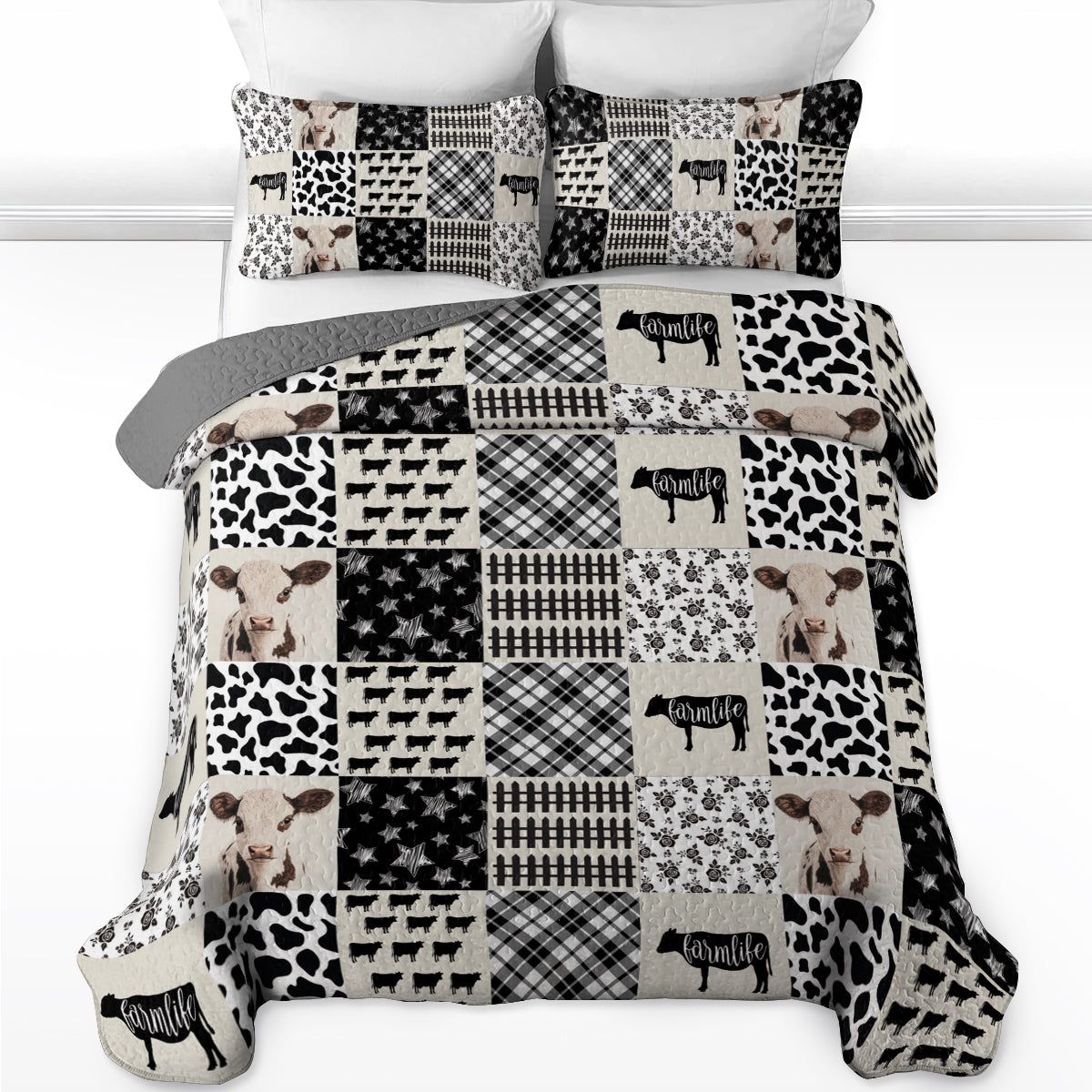 Shineful All Season Quilt 3-Piece Set Farmhouse Cow Patchwork