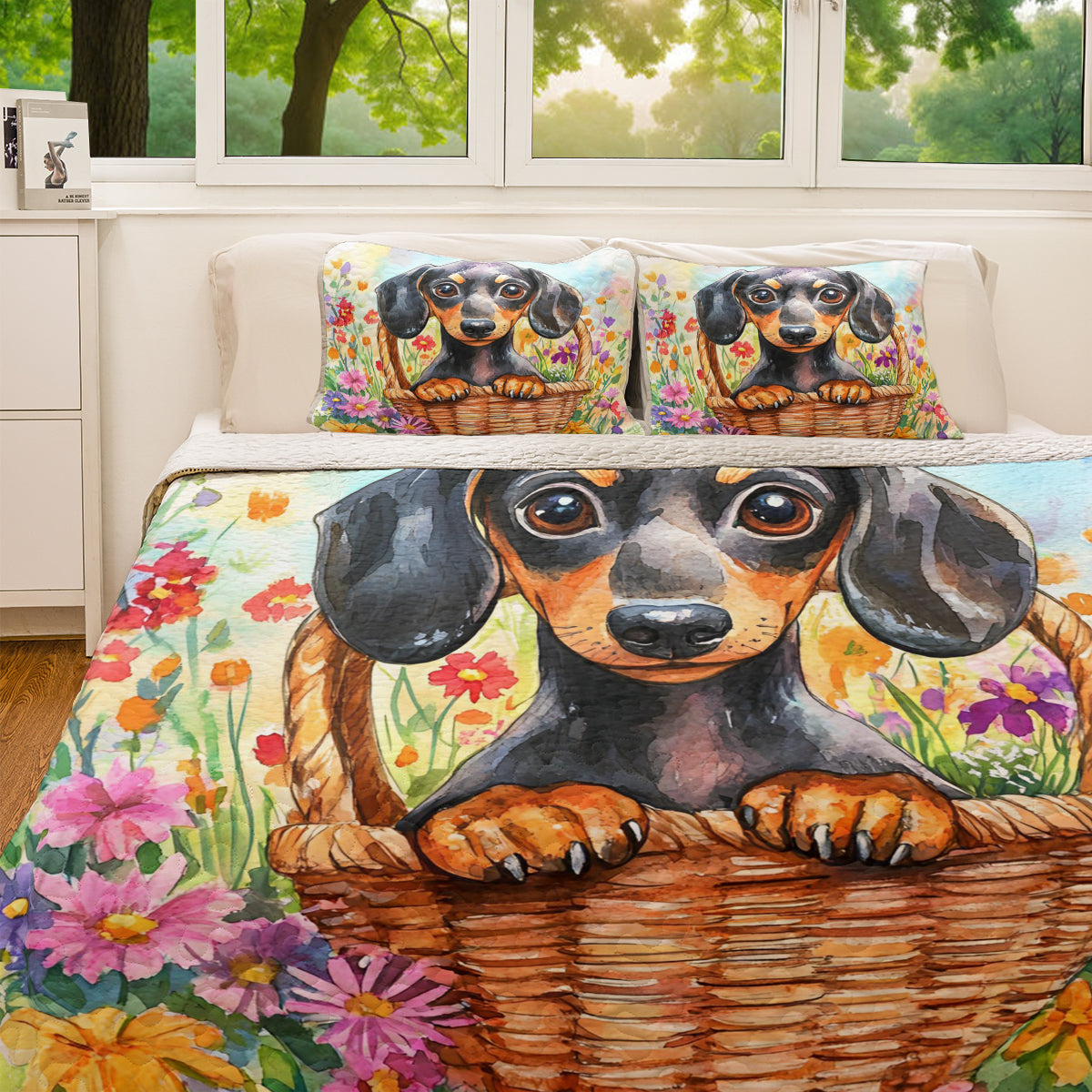 Shineful All Season Quilt 3-Piece Set Dachshund Floral Basket
