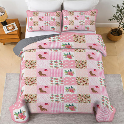 Shineful All Season Quilt 3-Piece Set Pink Patchwork Puppy