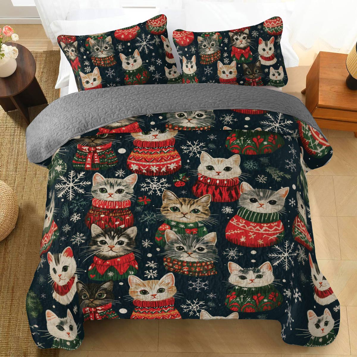 Shineful All Season Quilt 3-Piece Set Meowy Catmas