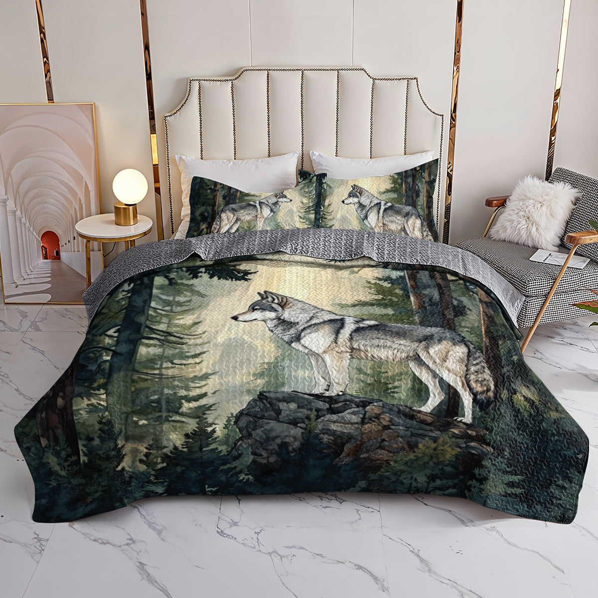 Shineful All Season Quilt 3-Piece Set Majestic Forest Wolf