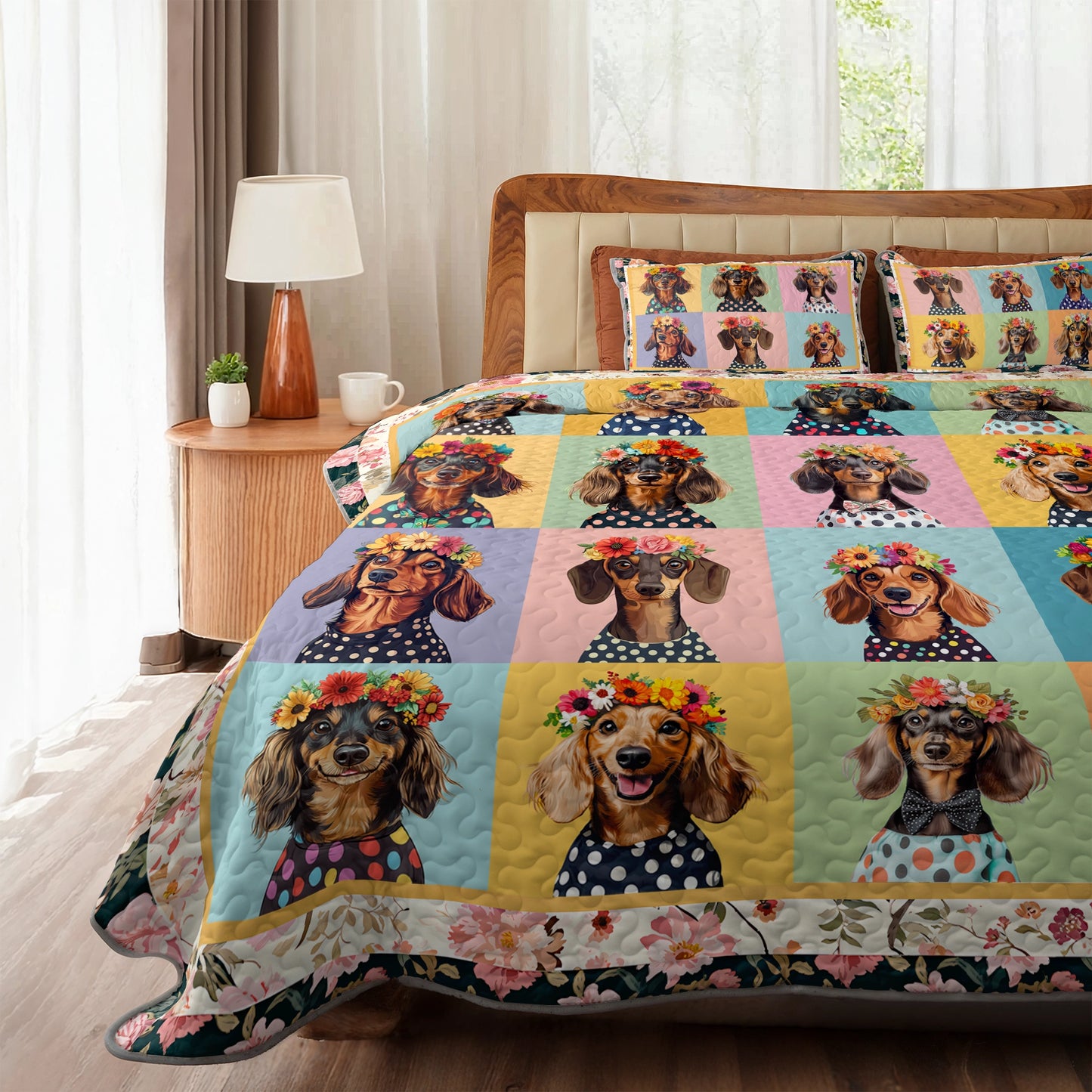 Shineful All Season Quilt 3-Piece Set Dachshund Floral Portrait