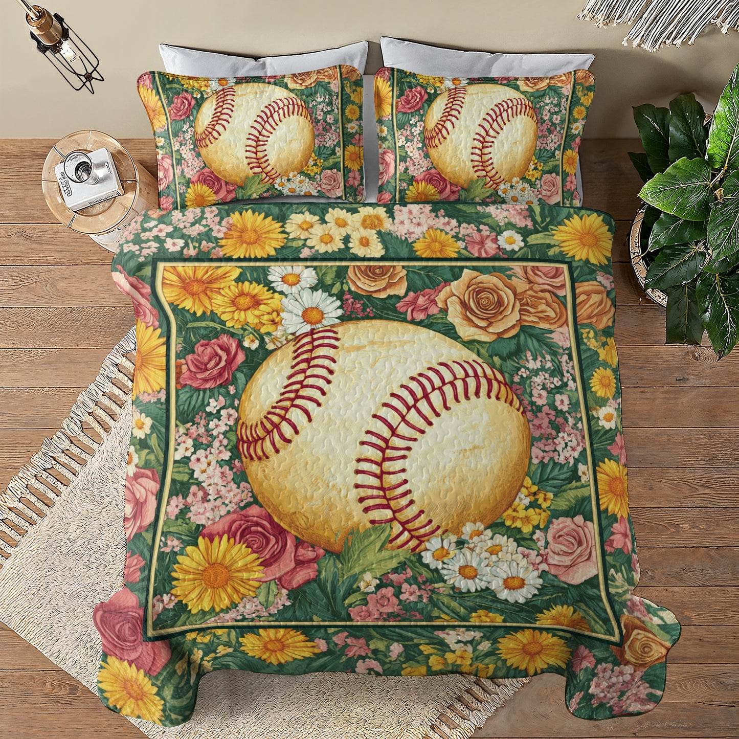 Shineful All Season Quilt 3-Piece Set Floral Softball Dream