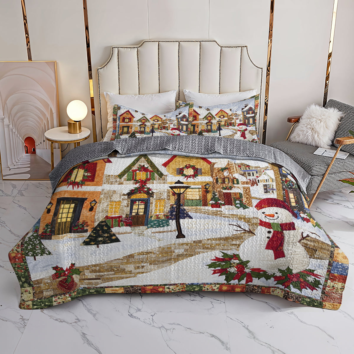 Shineful All Season Quilt 3-Piece Set Festive Snowman Village