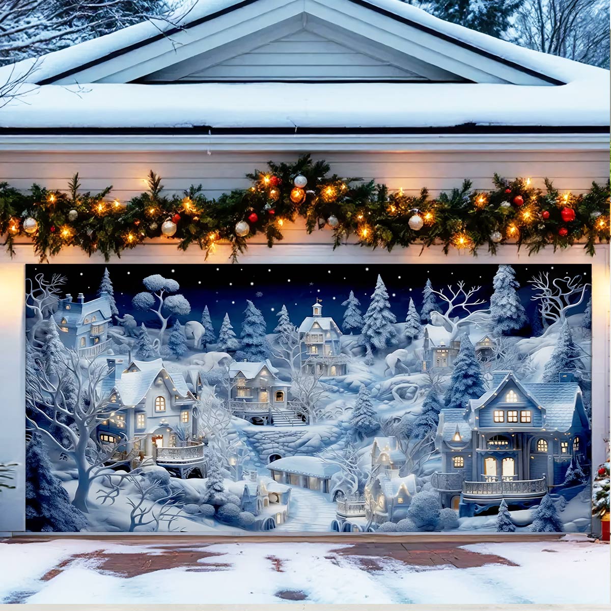 Shineful Garage Door Banner Decoration -  Snowy Village Glow