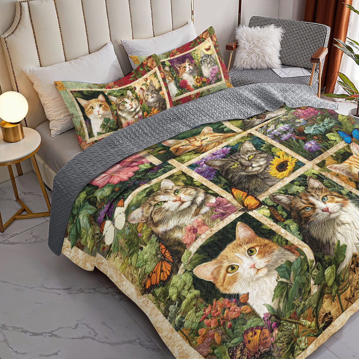 Shineful All Season Quilt 3-Piece Set Garden Whiskers Cat