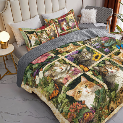 Shineful All Season Quilt 3-Piece Set Garden Whiskers Cat