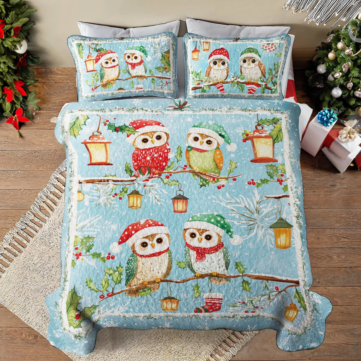 Shineful All Season Quilt 3-Piece Set Owl Christmas