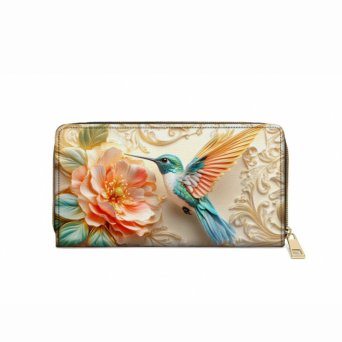 Shineful Leather Clutch Purse With Wristlet Strap Handle Golden Bloom Hummingbird