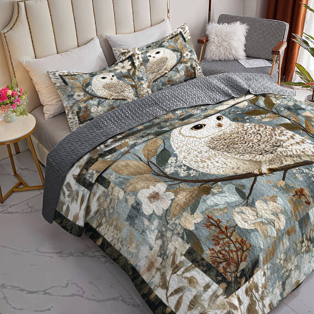 Shineful All Season Quilt 3-Piece Set Charming Owl Flowers