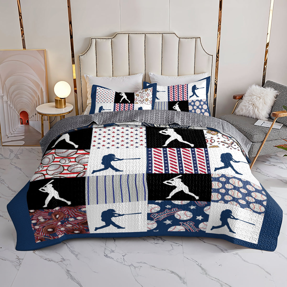 Shineful All Season Quilt 3-Piece Set Patriotic Baseball Patchwork