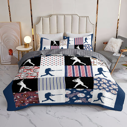 Shineful All Season Quilt 3-Piece Set Patriotic Baseball Patchwork