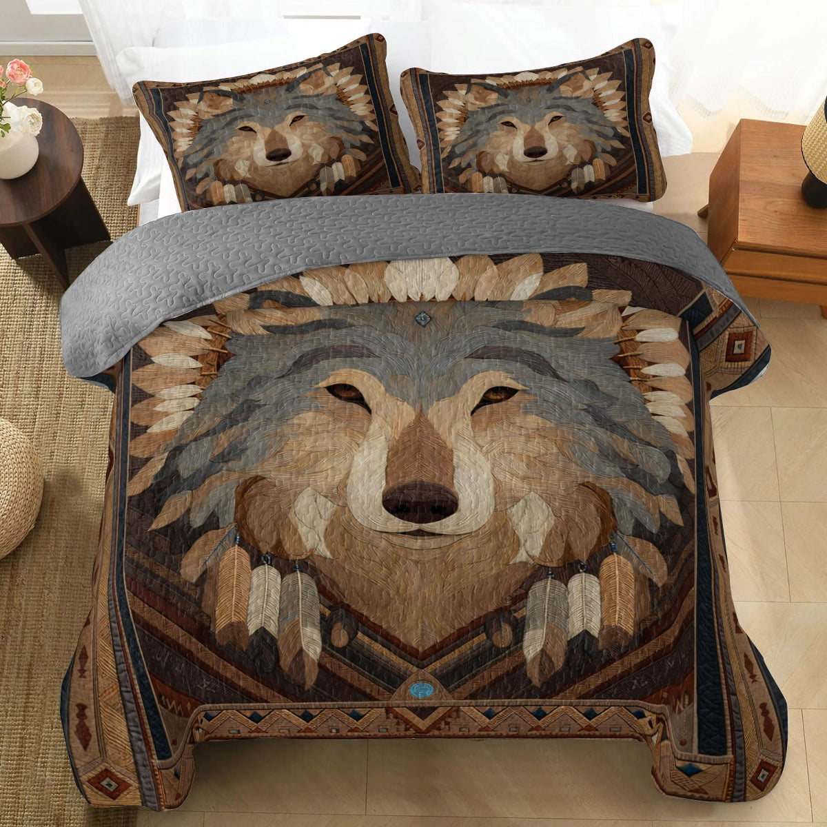 Shineful All Season Quilt 3-Piece Set Earth Spirit Wolf