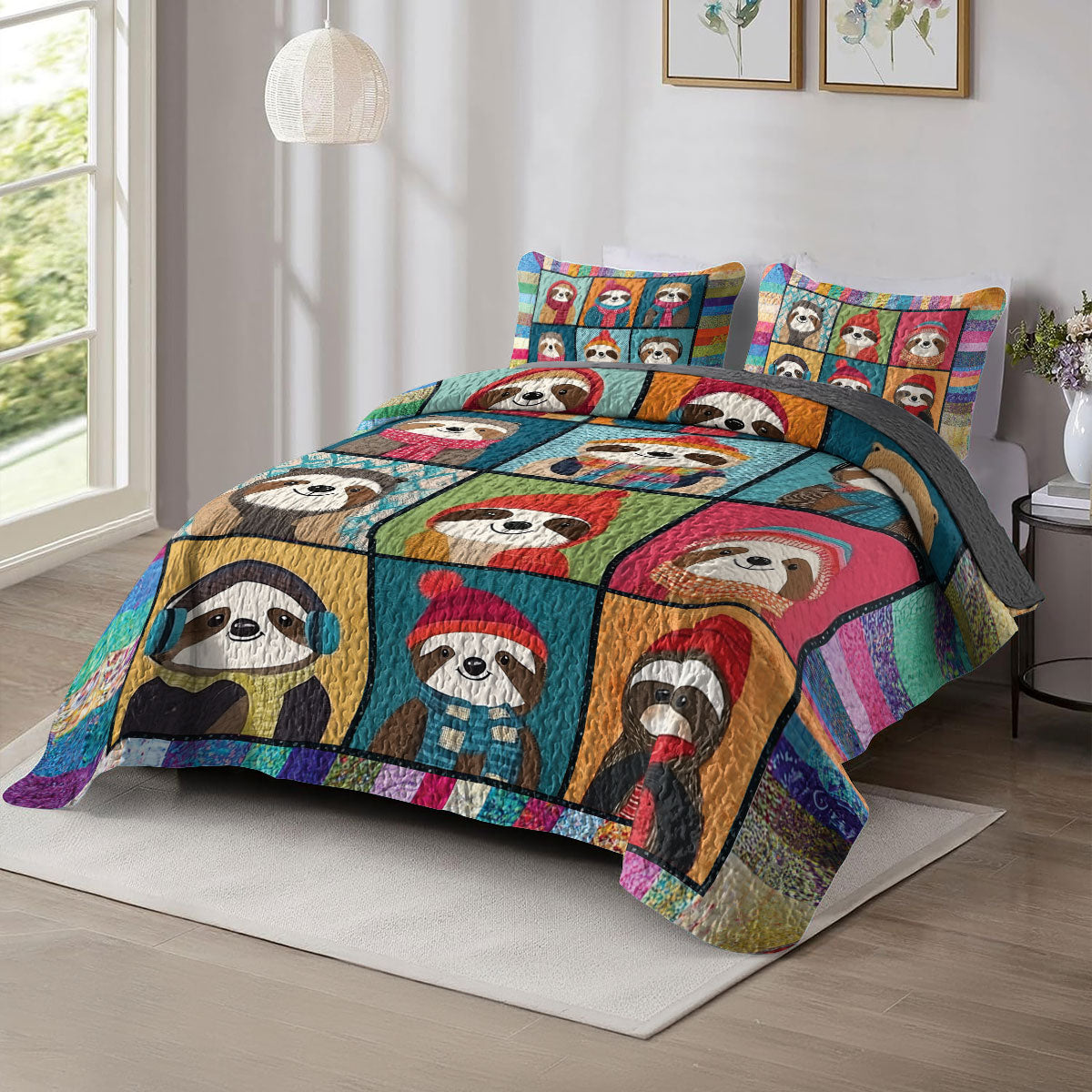 Shineful All Season Quilt 3-Piece Set Colorful Sloth Patchwork