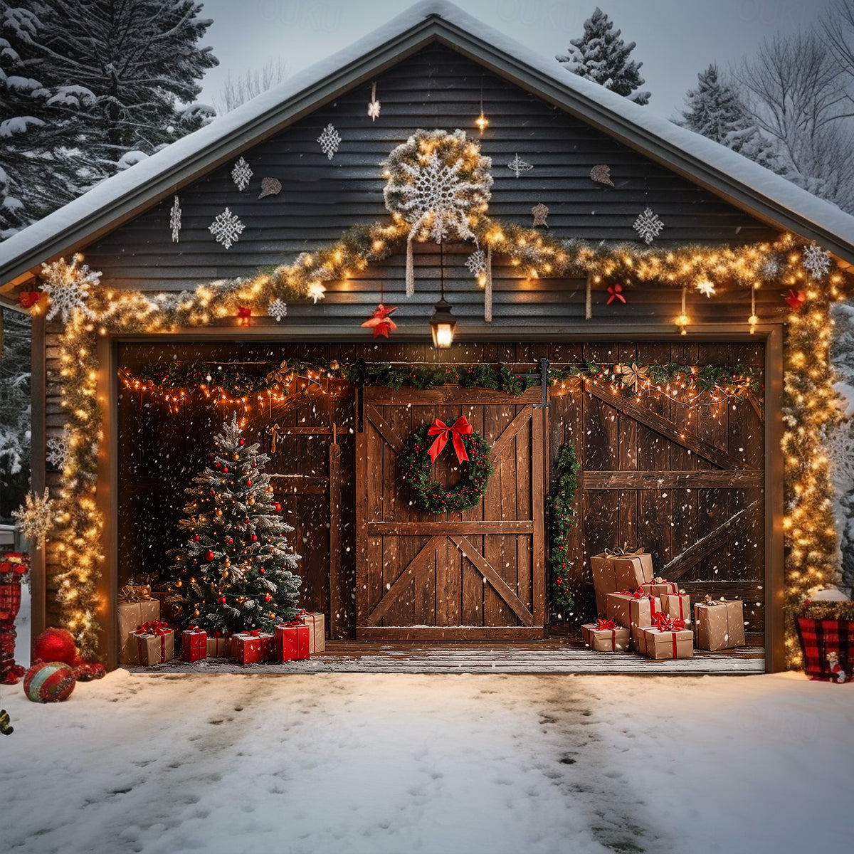 Shineful Garage Door Banner Decoration Snowy Christmas Barn Door