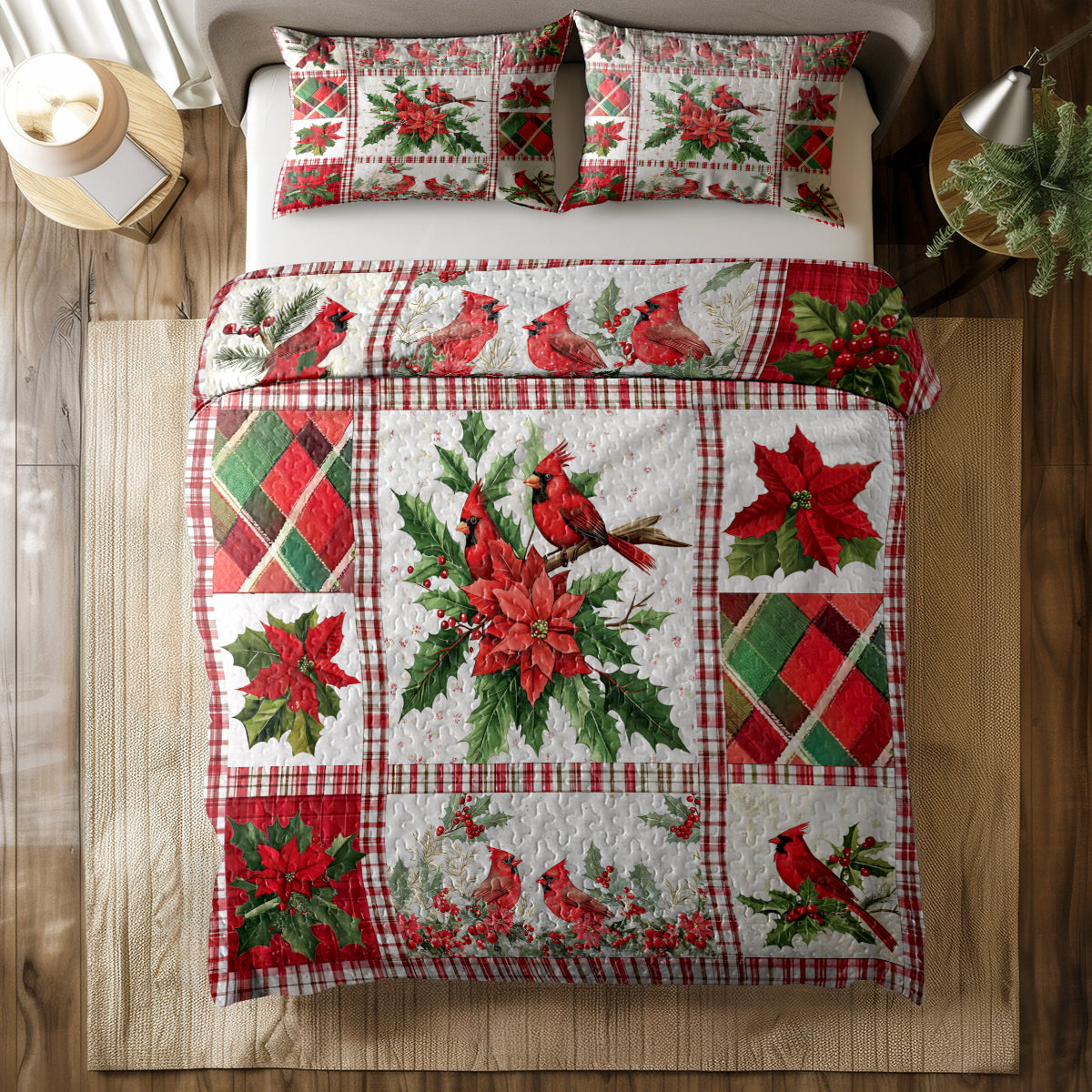 Shineful All Season Quilt 3-Piece Set Festive Christmas Cardinal