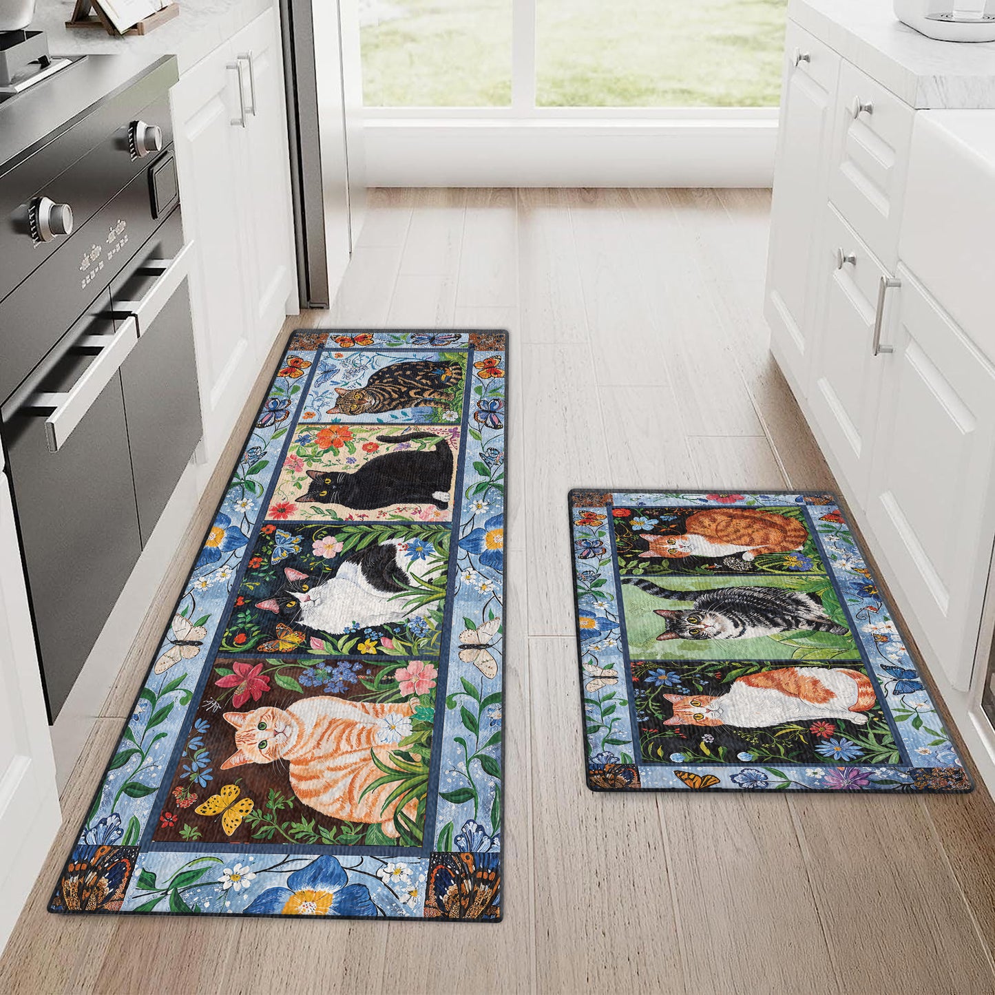Shineful Ultra-Thin Non Skid Floor Mat, Kitchen Rugs Cat Floral Felines