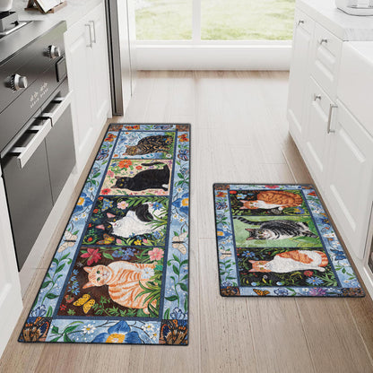 Shineful Ultra-Thin Non Skid Floor Mat, Kitchen Rugs Cat Floral Felines