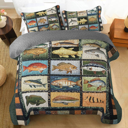 Shineful All Season Quilt 3-Piece Set Patchwork Fish