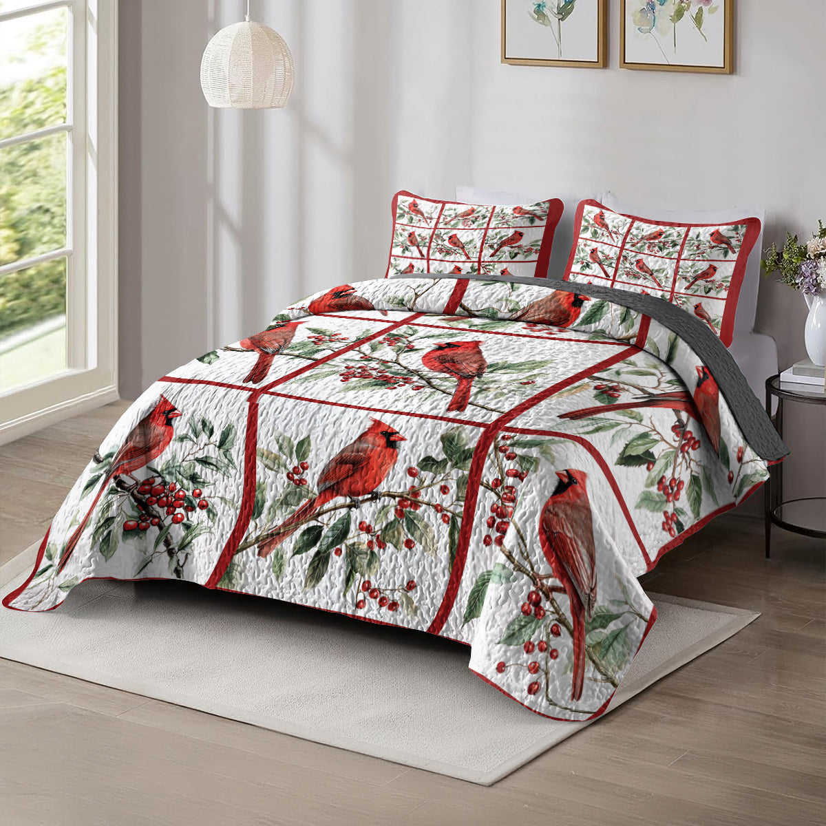 Shineful All Season Quilt 3-Piece Set Vibrant Cardinal Blocks
