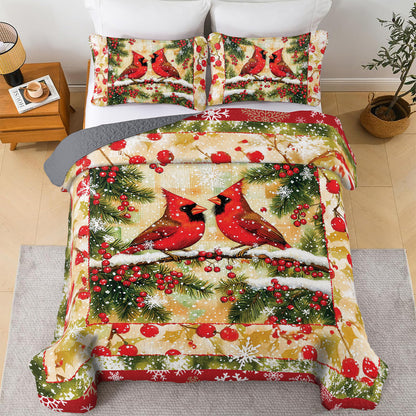 Shineful All Season Quilt 3-Piece Set - Cardinal Pair: Holiday Snowfall