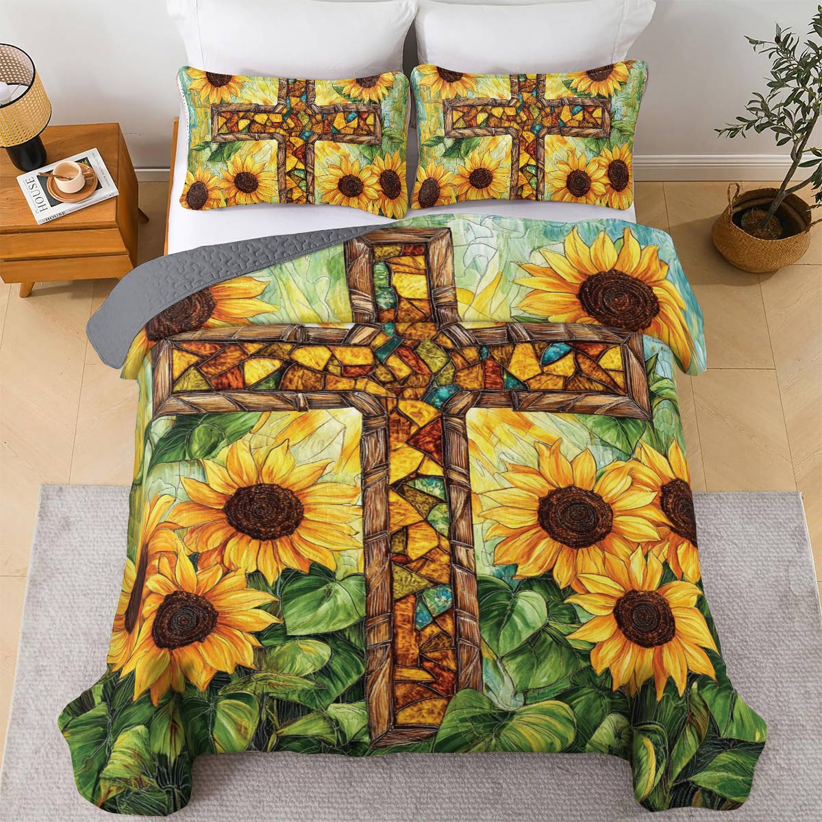 Shineful All Season Quilt 3-Piece Set Sunflower Cross