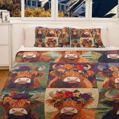 Shineful All Season Quilt 3-Piece Set - Floral Crowned Highland Cow
