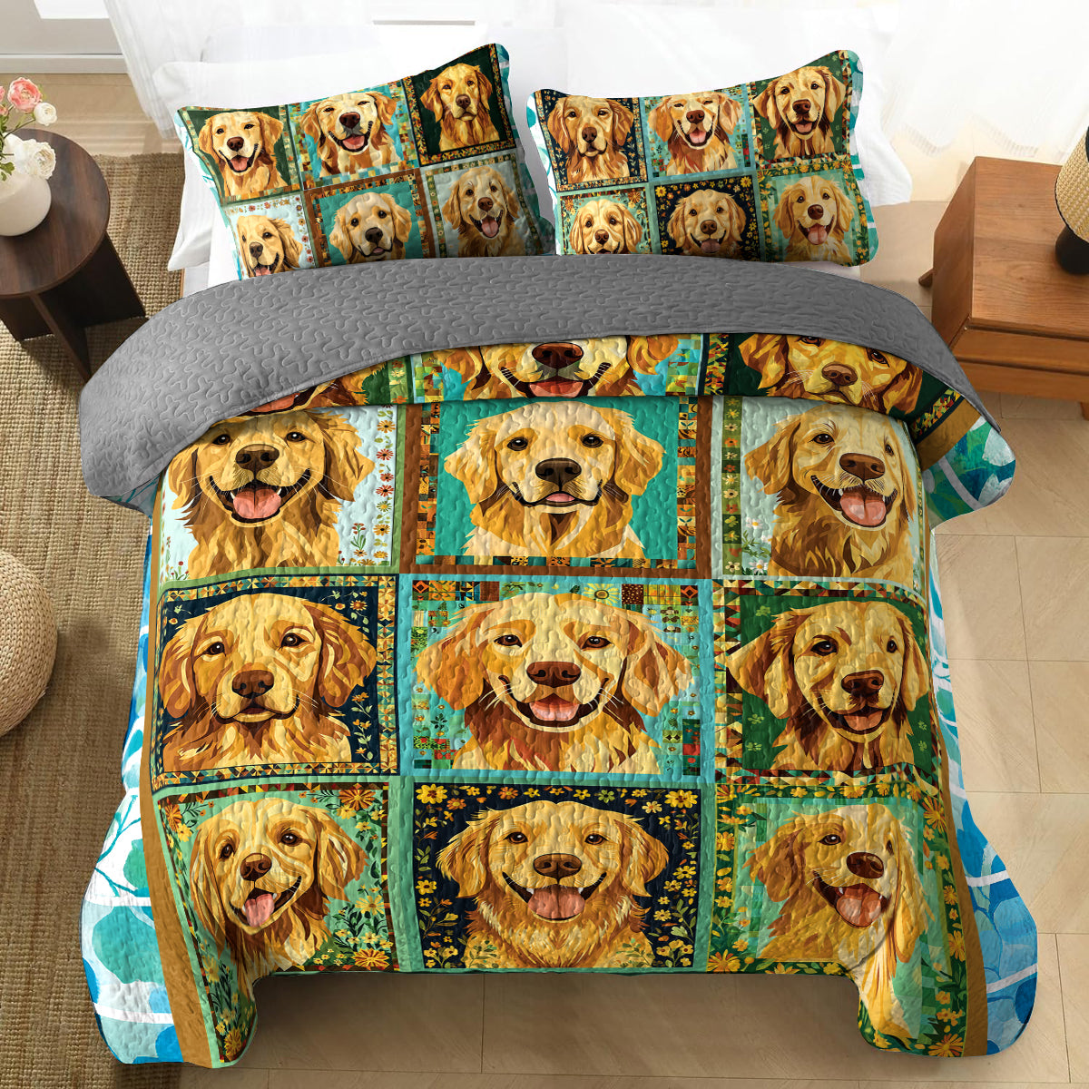 Shineful All Season Quilt 3-Piece Set - Radiant Golden Retriever Smiles