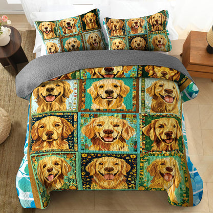 Shineful All Season Quilt 3-Piece Set - Radiant Golden Retriever Smiles