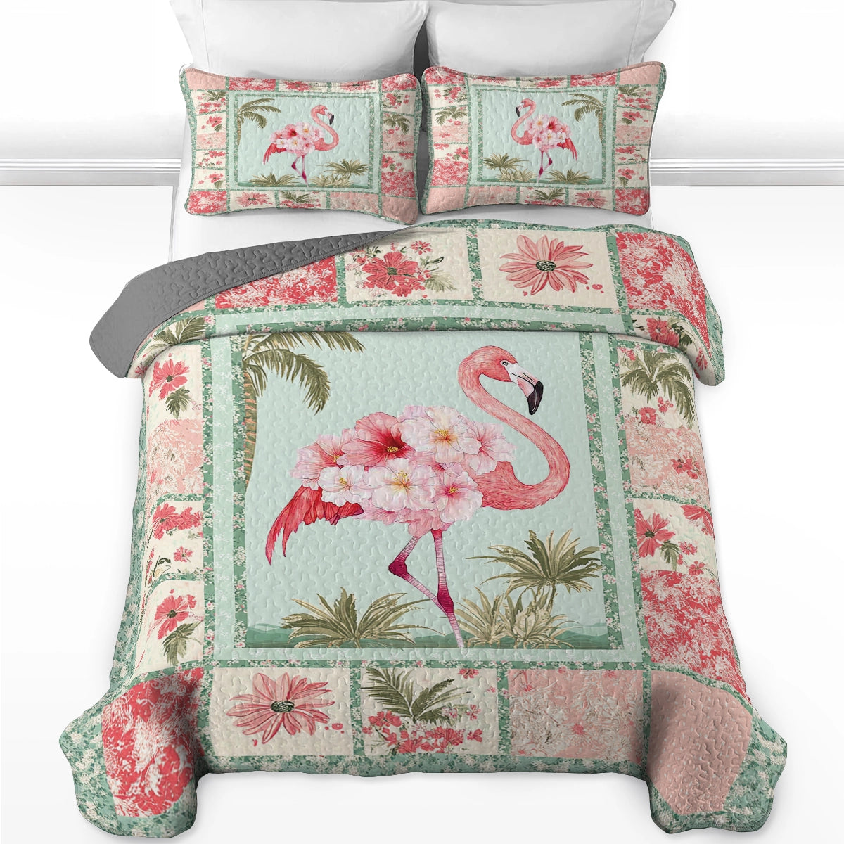Shineful All Season Quilt 3-Piece Set - Light Pink Tropical Flamingo
