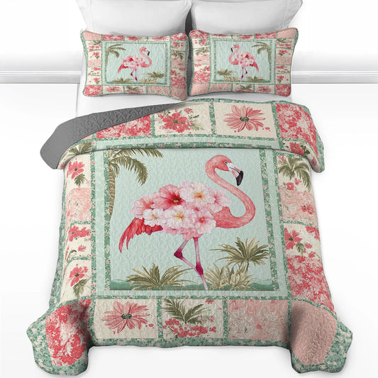Shineful All Season Quilt 3-Piece Set - Light Pink Tropical Flamingo