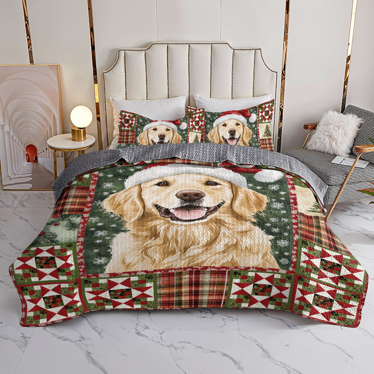 Shineful All Season Quilt 3-Piece Set Golden Retriever Christmas
