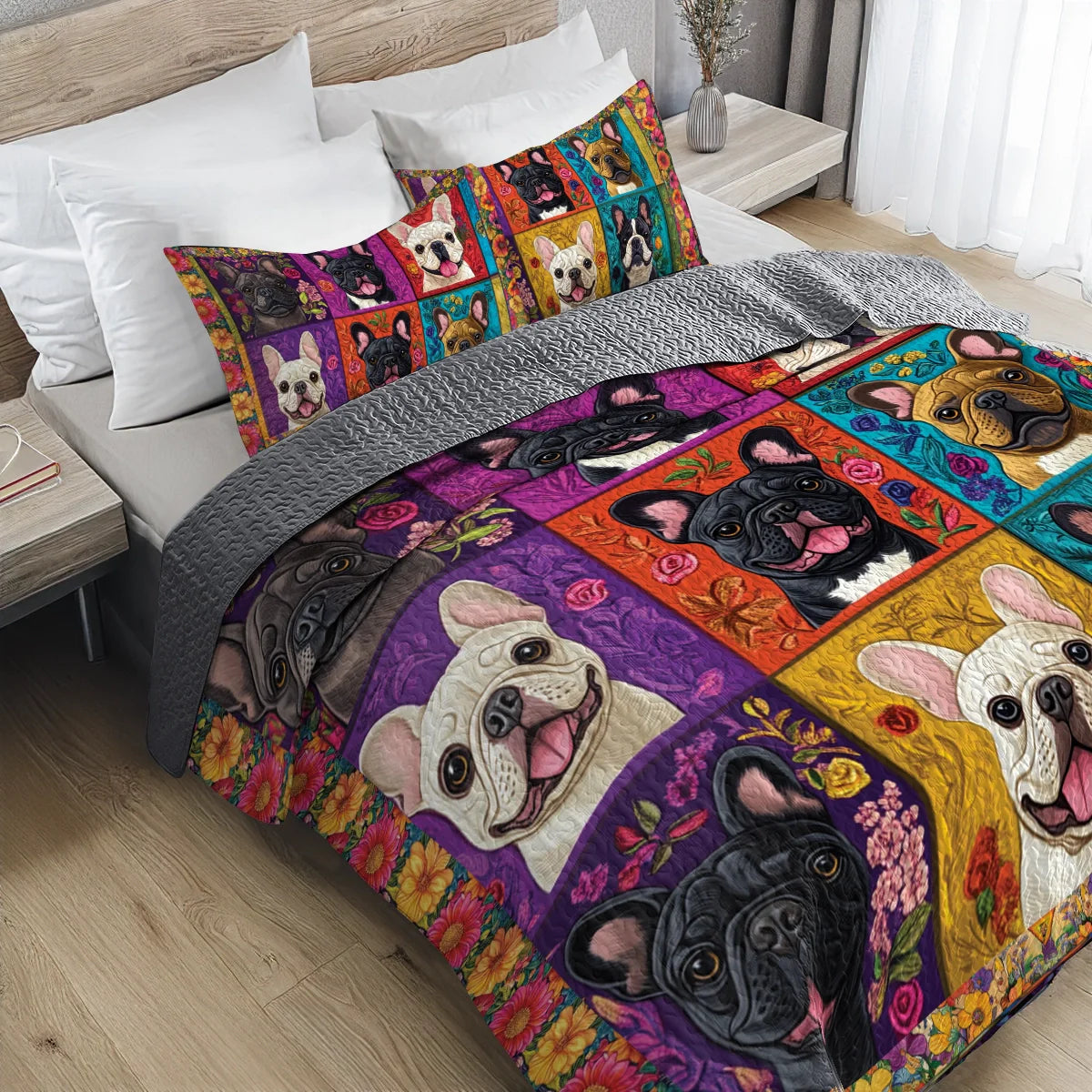 Shineful All Season Quilt 3-Piece Set - French Bulldog Garden Party
