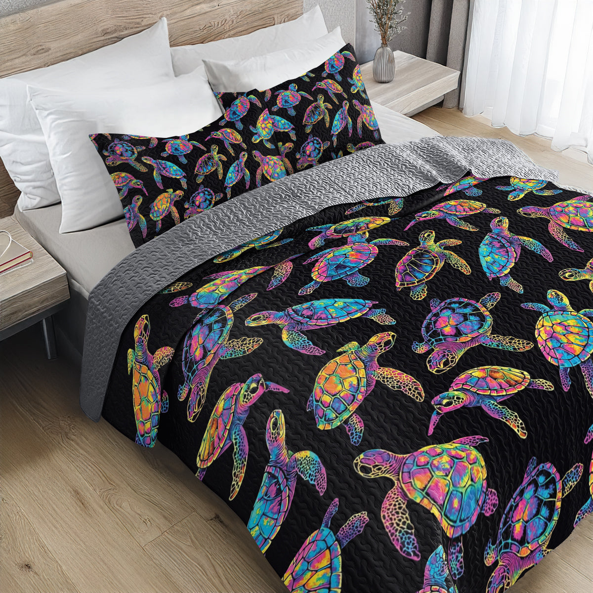 Shineful All Season Quilt 3-Piece Set Underwater Neon Sea Turtle