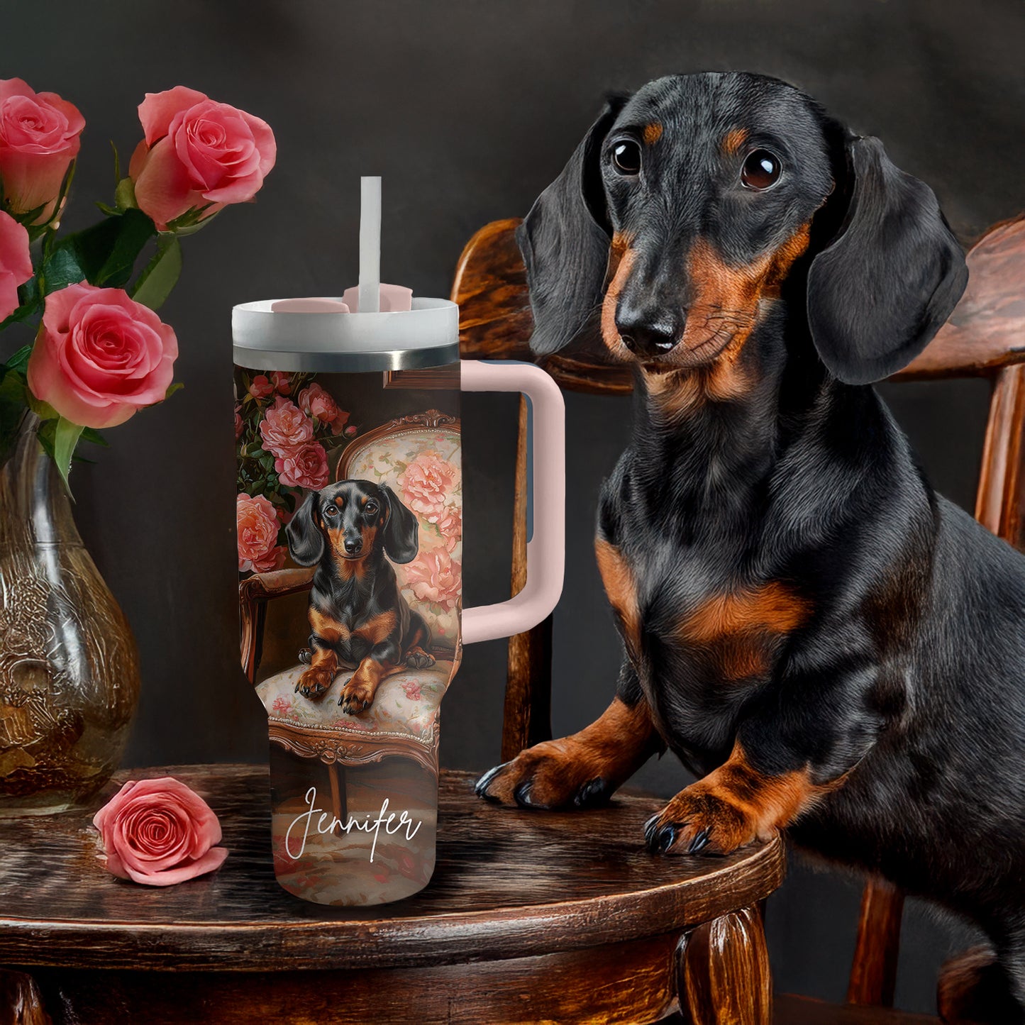Shineful Tumbler Personalized Elegance Roses Dachshund