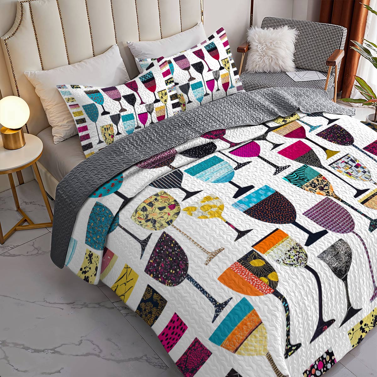 Shineful All Season Quilt 3-Piece Set Colorful Wine Glasses