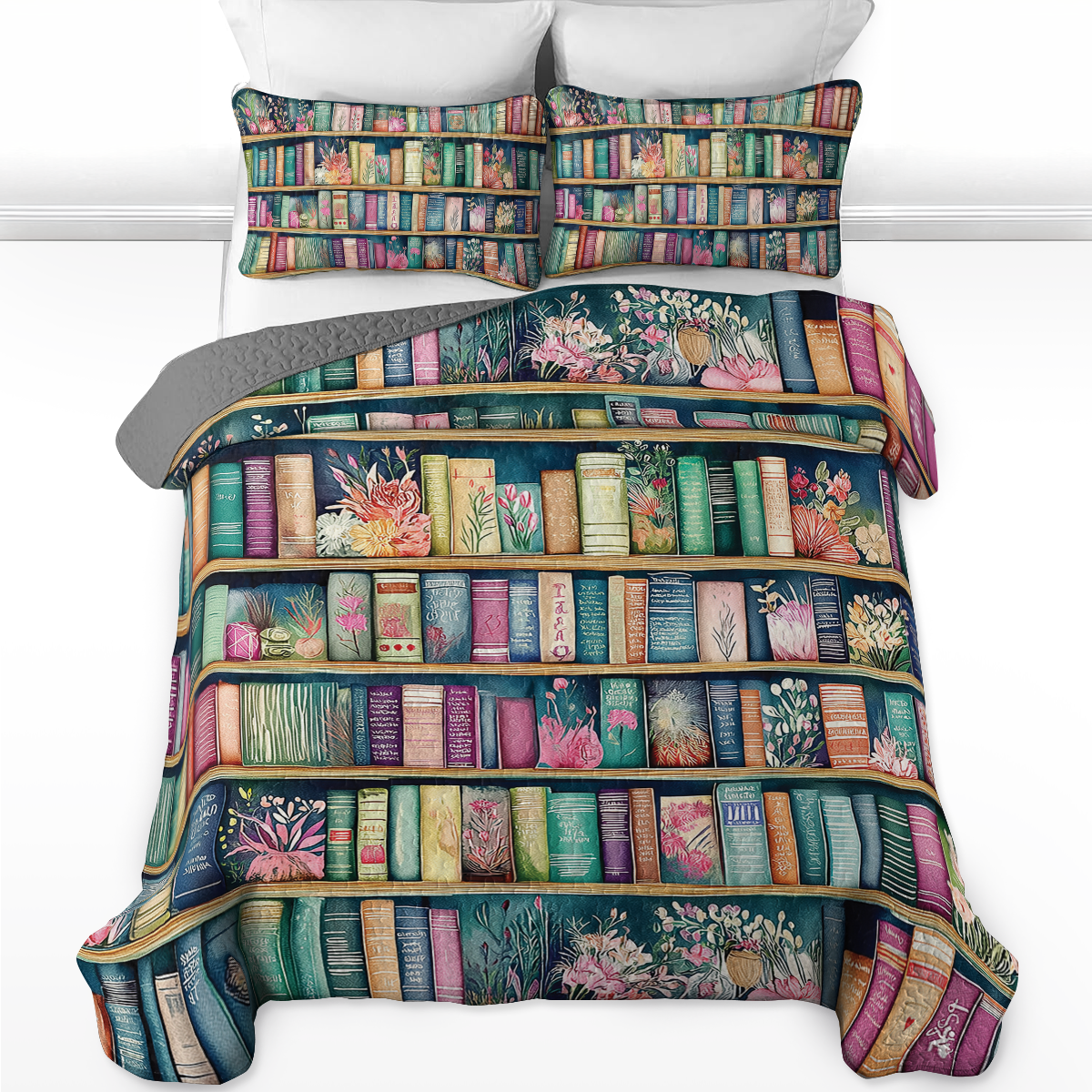 Shineful All Season Quilt 3-Piece Set Botanical Blooming Bookshelves