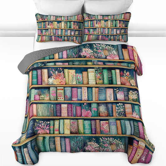 Shineful All Season Quilt 3-Piece Set Botanical Blooming Bookshelves
