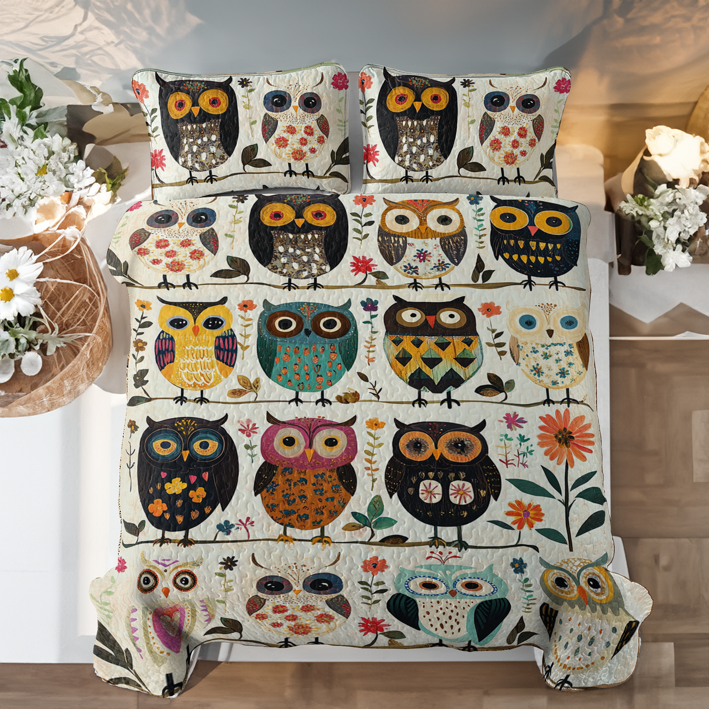 Shineful All Season Quilt 3-Piece Set Owl Peace Love