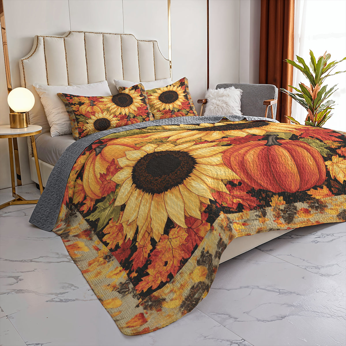 Shineful All Season Quilt 3-Piece Set Autumn Sunflower & Pumpkin