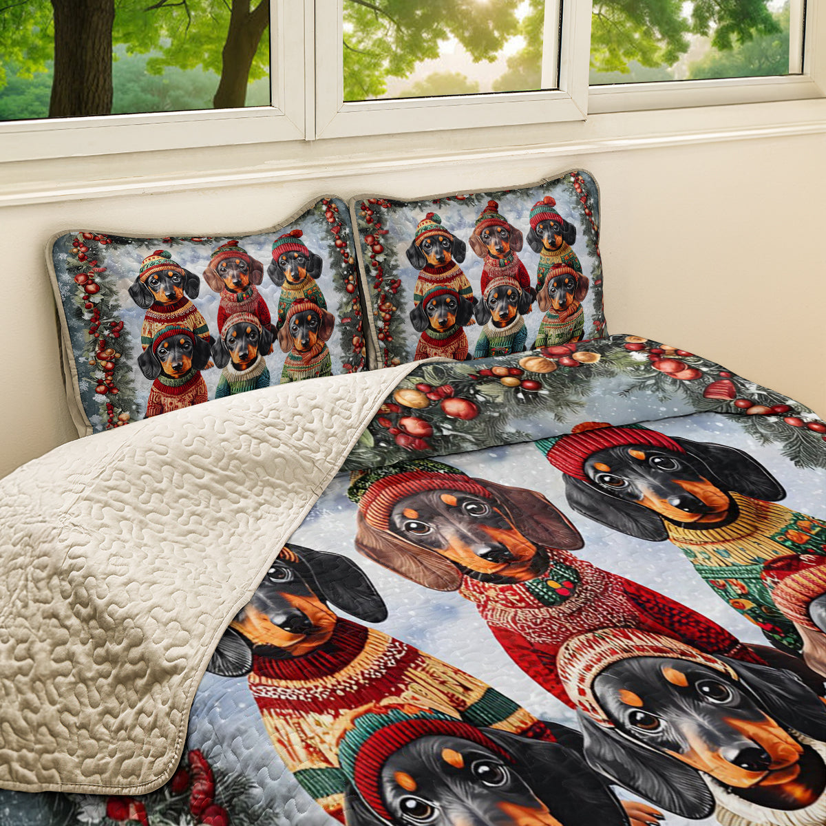 Shineful All Season Quilt 3-Piece Set Xmas Dachshund