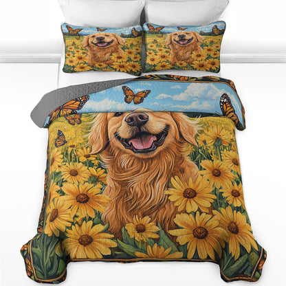 Shineful All Season Quilt 3-Piece Set Happy Golden Retriever In Flower Field