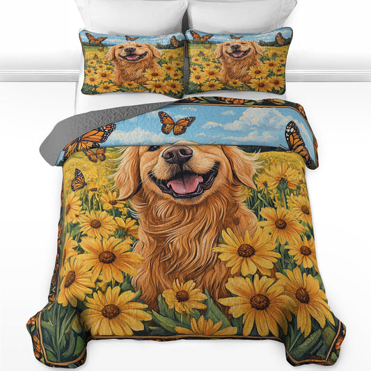 Shineful All Season Quilt 3-Piece Set Happy Golden Retriever In Flower Field