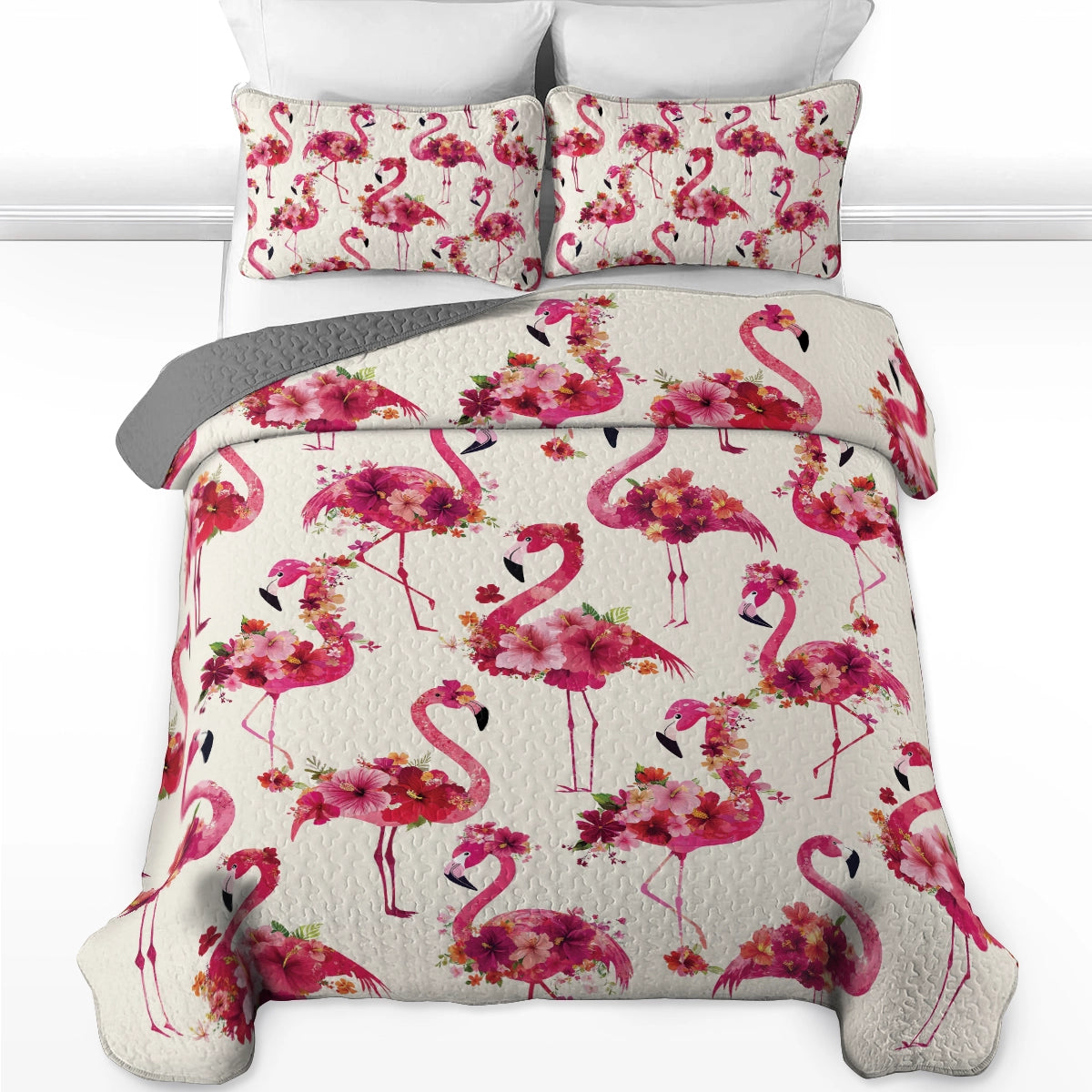 Shineful All Season Quilt 3-Piece Set - Floral Flamingo Fiesta