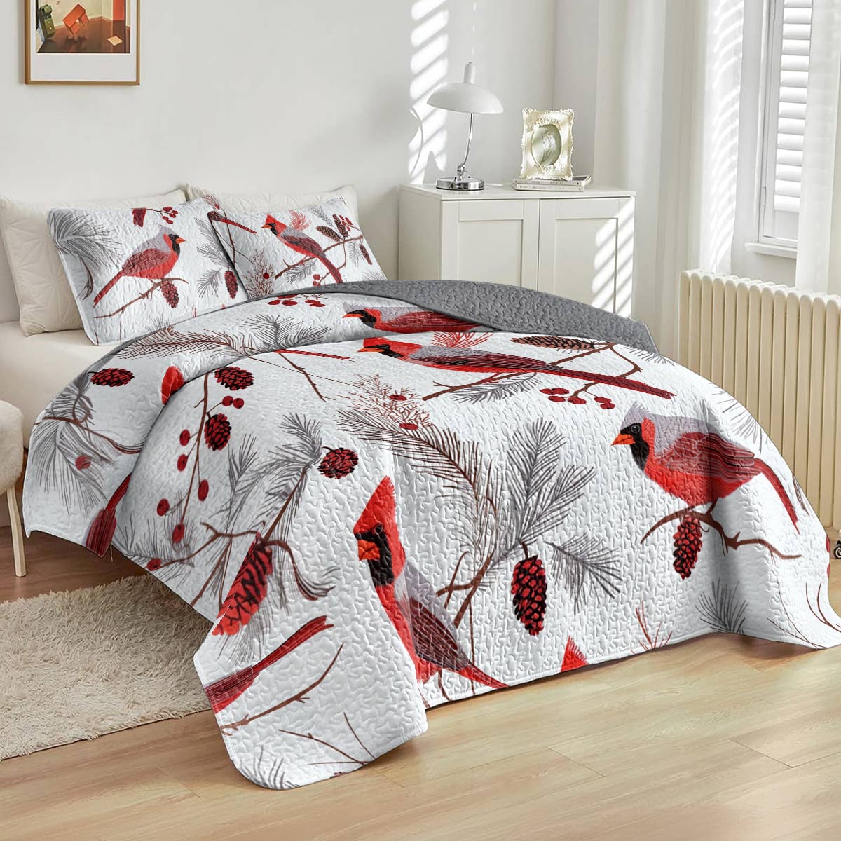 Shineful All Season Quilt 3-Piece Set Gentle Cardinals Lovely