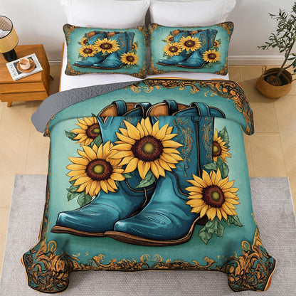 Shineful All Season Quilt 3-Piece Set Cowboy Boots And Sunflower