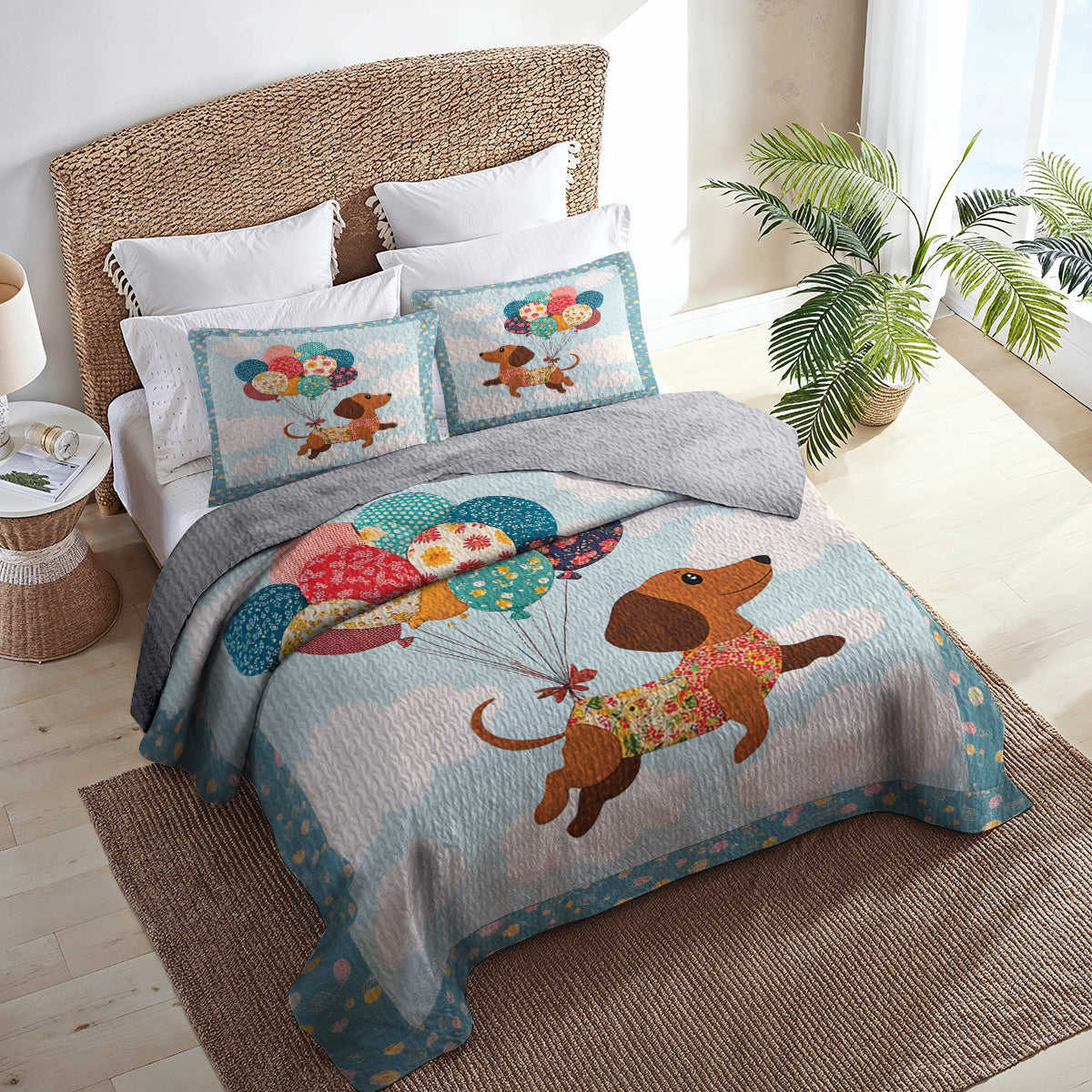 Shineful All Season Quilt 3-Piece Set Dachshund Balloon Ride