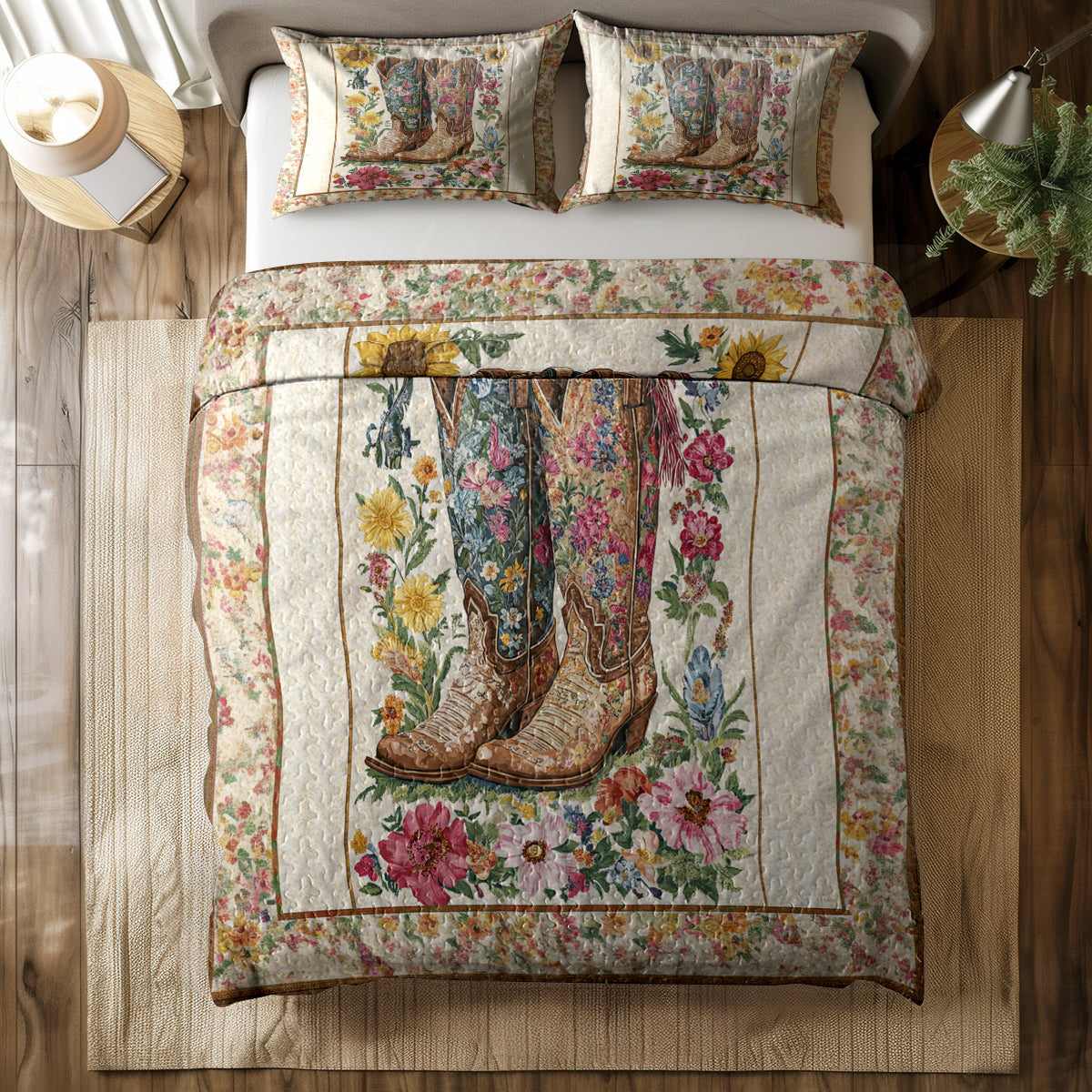 Shineful All Season Quilt 3-Piece Set Floral Cowboy Boots