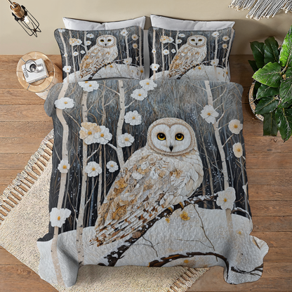 Shineful Flat Print All Season Quilt 3-Piece Set Charming Owl White Flowers Winter
